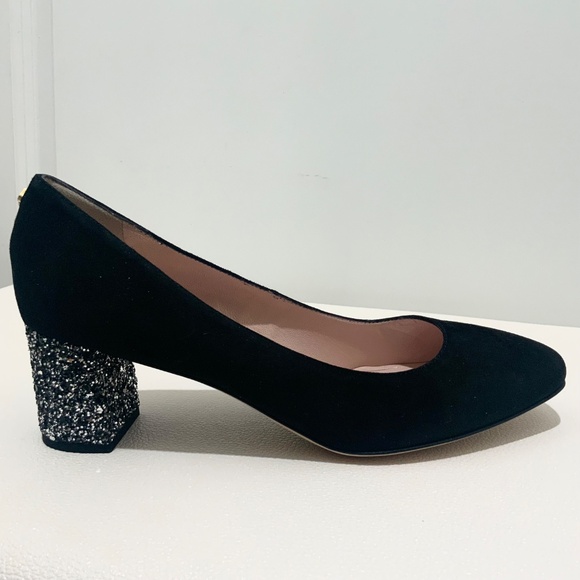 KATE SPADE Anastasia Block Heel Pump Black Suede Leather Dress Shoe Glitter Heel - Picture 8 of 9